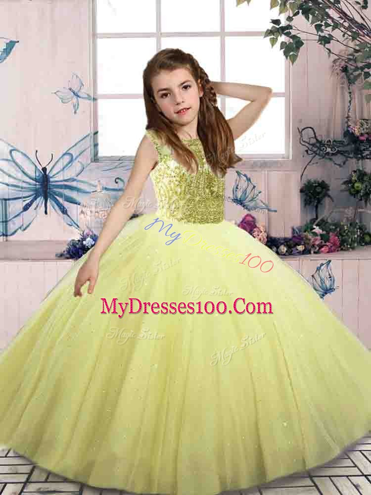 Floor Length Yellow Green Glitz Pageant Dress Tulle Sleeveless Beading