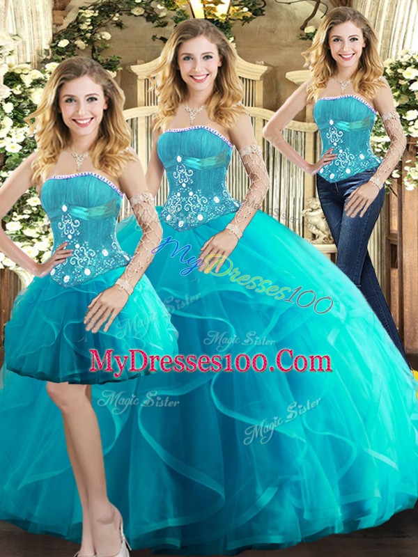 Inexpensive Aqua Blue Sleeveless Tulle Lace Up Ball Gown Prom Dress for Sweet 16 and Quinceanera