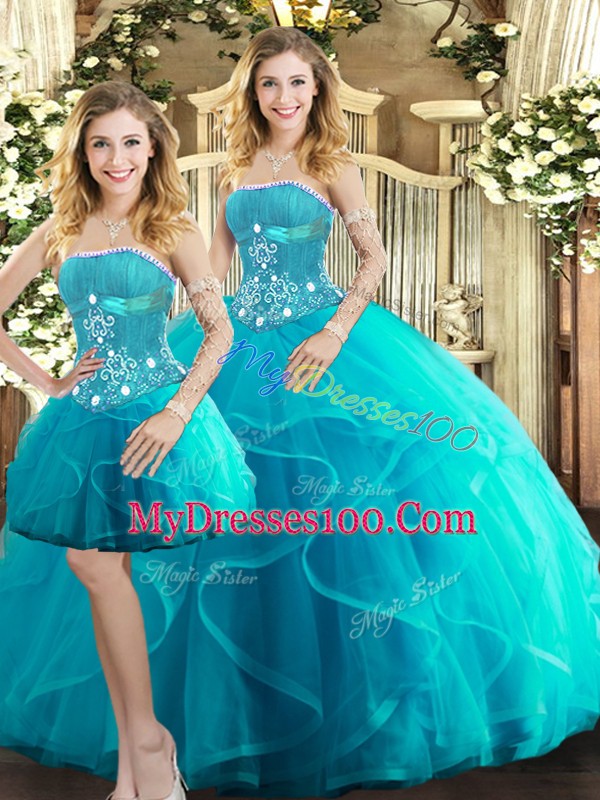 Inexpensive Aqua Blue Sleeveless Tulle Lace Up Ball Gown Prom Dress for Sweet 16 and Quinceanera