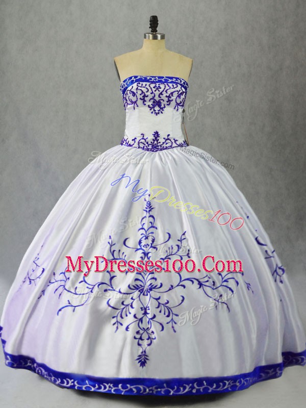 Chic Blue And White 15th Birthday Dress Sweet 16 and Quinceanera with Embroidery Strapless Sleeveless Lace Up