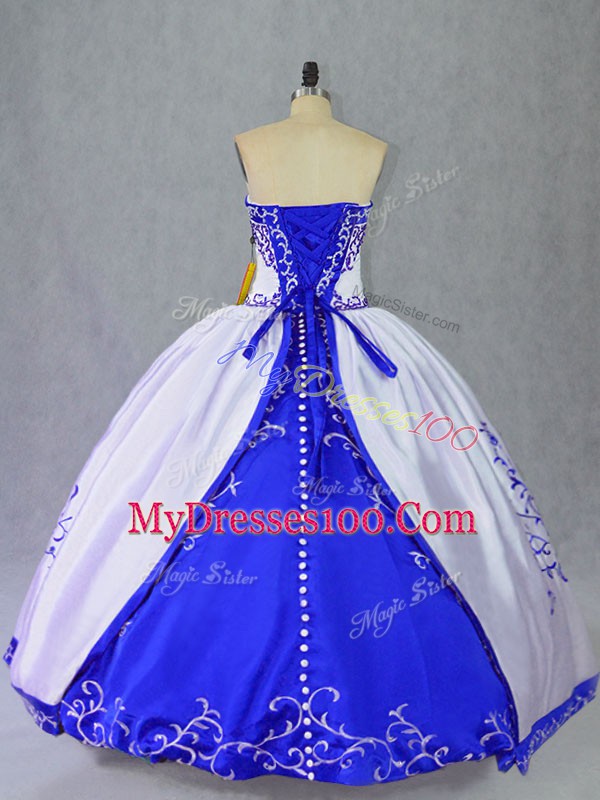 Chic Blue And White 15th Birthday Dress Sweet 16 and Quinceanera with Embroidery Strapless Sleeveless Lace Up