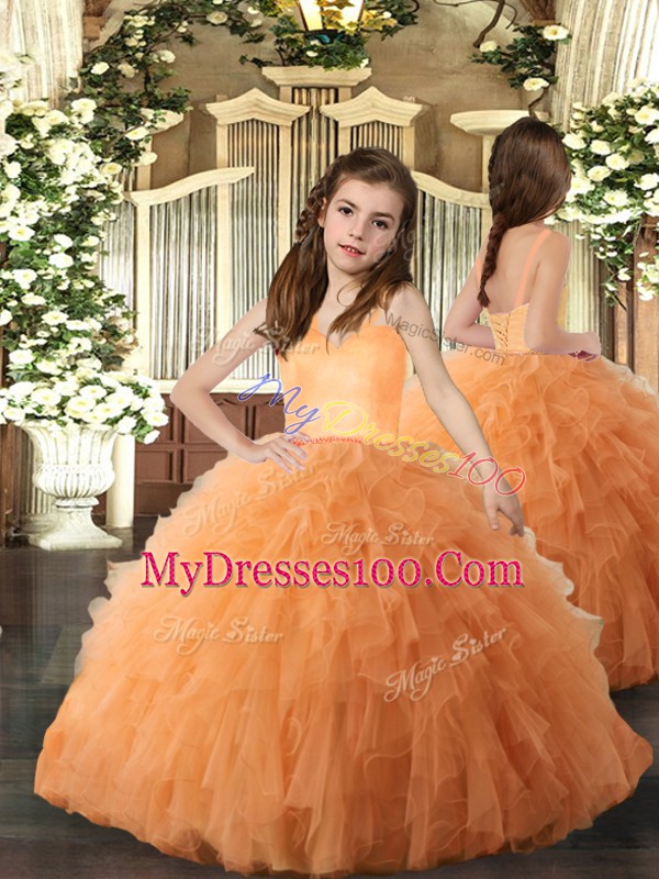 Orange Tulle Lace Up Straps Sleeveless Floor Length Little Girls Pageant Dress Wholesale Ruffles