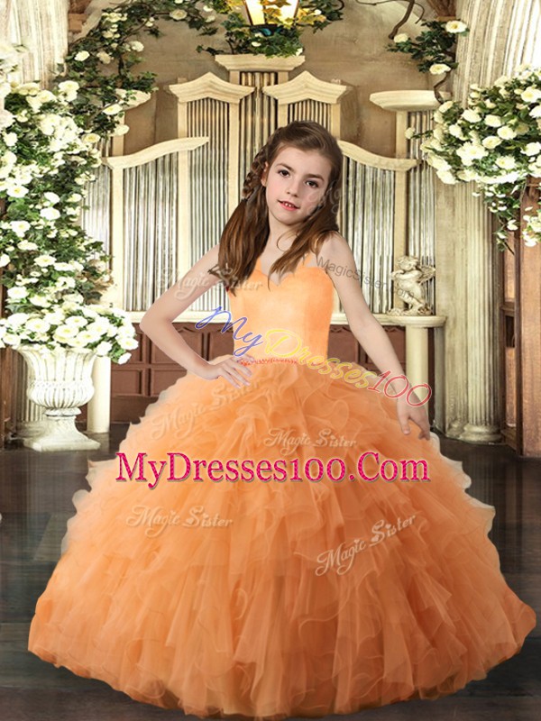 Orange Tulle Lace Up Straps Sleeveless Floor Length Little Girls Pageant Dress Wholesale Ruffles