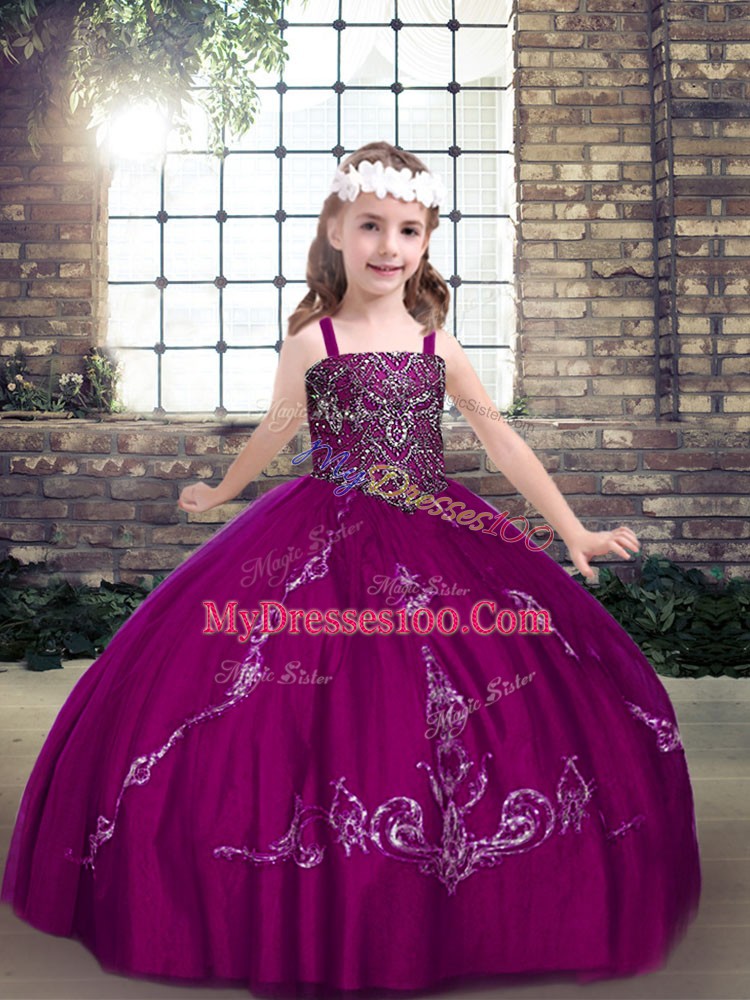 Fuchsia Ball Gowns Tulle Straps Sleeveless Beading Floor Length Lace Up Pageant Gowns For Girls