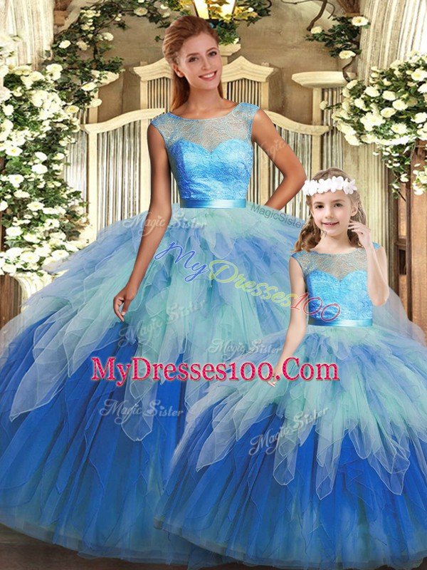 Modern Multi-color Sleeveless Floor Length Beading and Ruffles Backless 15th Birthday Dress