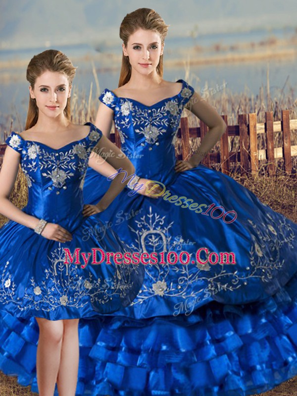 Custom Design Sleeveless Floor Length Embroidery and Ruffled Layers Lace Up Quince Ball Gowns with Royal Blue