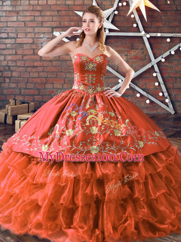 Super Rust Red Ball Gowns Sweetheart Sleeveless Satin and Organza Floor Length Lace Up Embroidery and Ruffled Layers Vestidos de Quinceanera