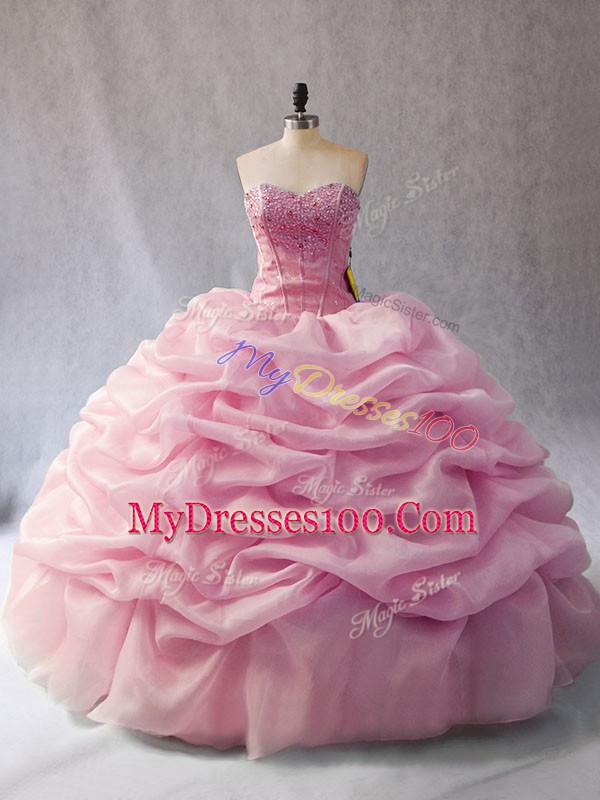 On Sale Pink Sweetheart Neckline Beading and Pick Ups Ball Gown Prom Dress Sleeveless Lace Up
