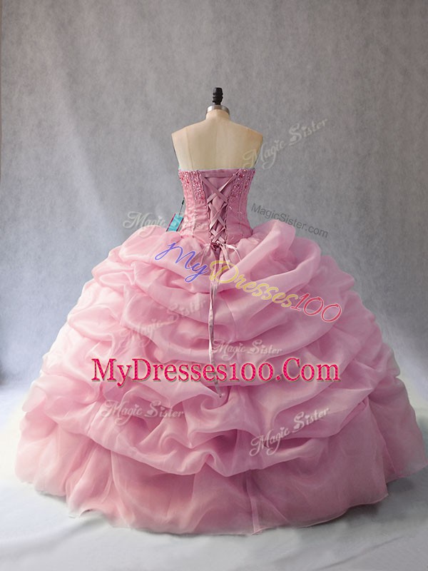On Sale Pink Sweetheart Neckline Beading and Pick Ups Ball Gown Prom Dress Sleeveless Lace Up