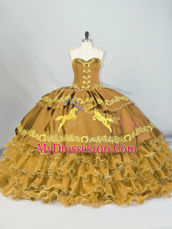 Fine Sleeveless Brush Train Lace Up Embroidery and Ruffled Layers 15th Birthday Dress