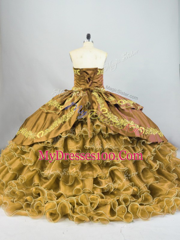 Fine Sleeveless Brush Train Lace Up Embroidery and Ruffled Layers 15th Birthday Dress