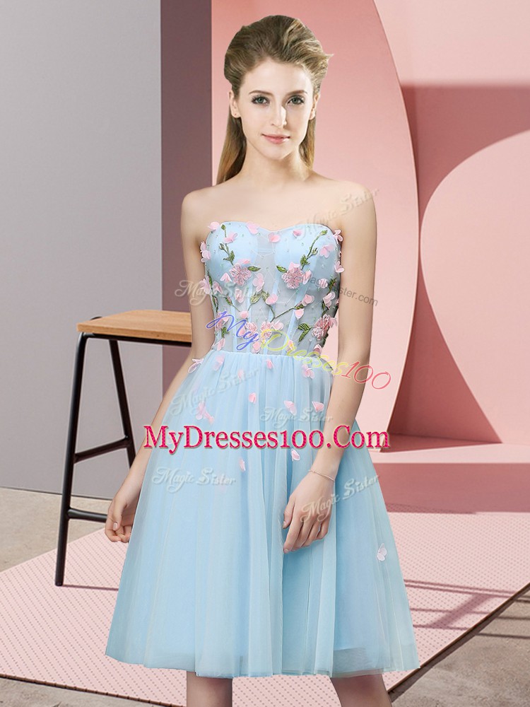 Light Blue Sleeveless Appliques Knee Length Wedding Guest Dresses
