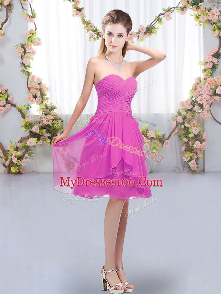 Chic Knee Length Lace Up Bridesmaid Gown Fuchsia for Wedding Party with Ruffles and Ruching