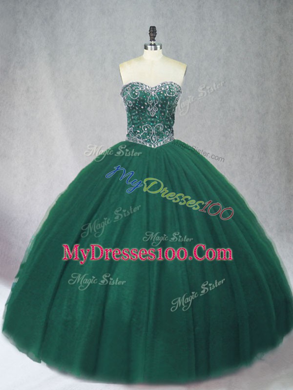 Dark Green Tulle Lace Up Sweetheart Sleeveless Floor Length Sweet 16 Dresses Beading