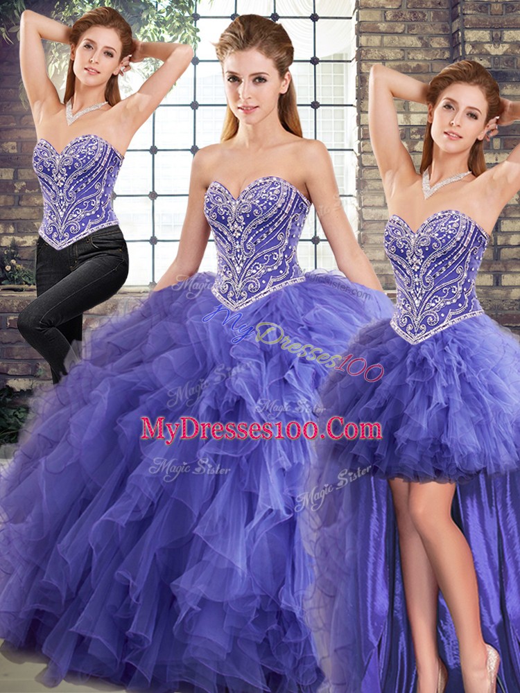 Trendy Three Pieces Quinceanera Dress Lavender Sweetheart Tulle Sleeveless Floor Length Lace Up