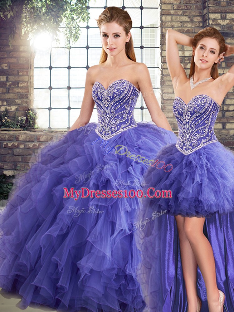 Trendy Three Pieces Quinceanera Dress Lavender Sweetheart Tulle Sleeveless Floor Length Lace Up