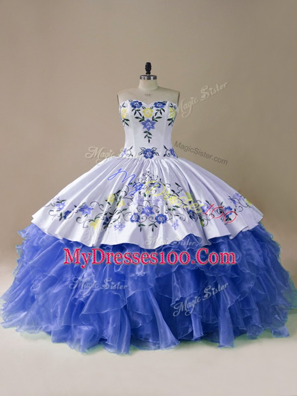 Custom Made Blue And White Ball Gowns Satin and Organza Sweetheart Sleeveless Embroidery and Ruffles Lace Up Sweet 16 Dresses Brush Train