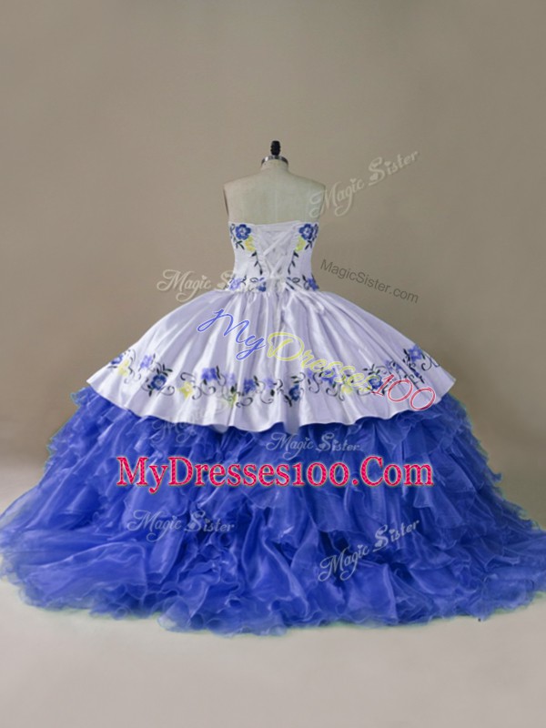 Custom Made Blue And White Ball Gowns Satin and Organza Sweetheart Sleeveless Embroidery and Ruffles Lace Up Sweet 16 Dresses Brush Train