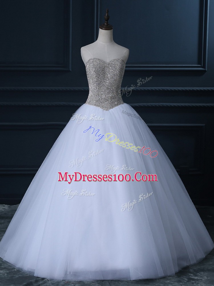 Custom Design White Sleeveless Floor Length Beading and Bowknot Zipper Wedding Dress
