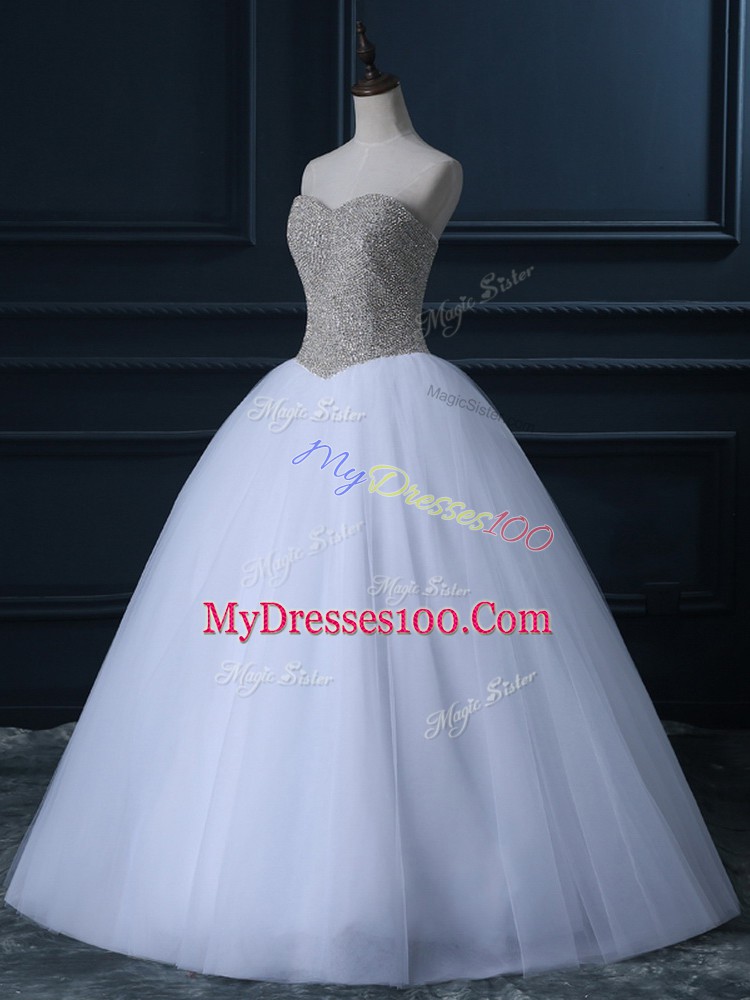 Custom Design White Sleeveless Floor Length Beading and Bowknot Zipper Wedding Dress