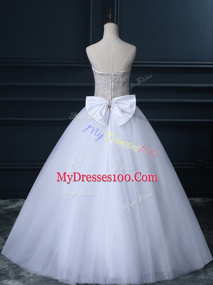 Custom Design White Sleeveless Floor Length Beading and Bowknot Zipper Wedding Dress