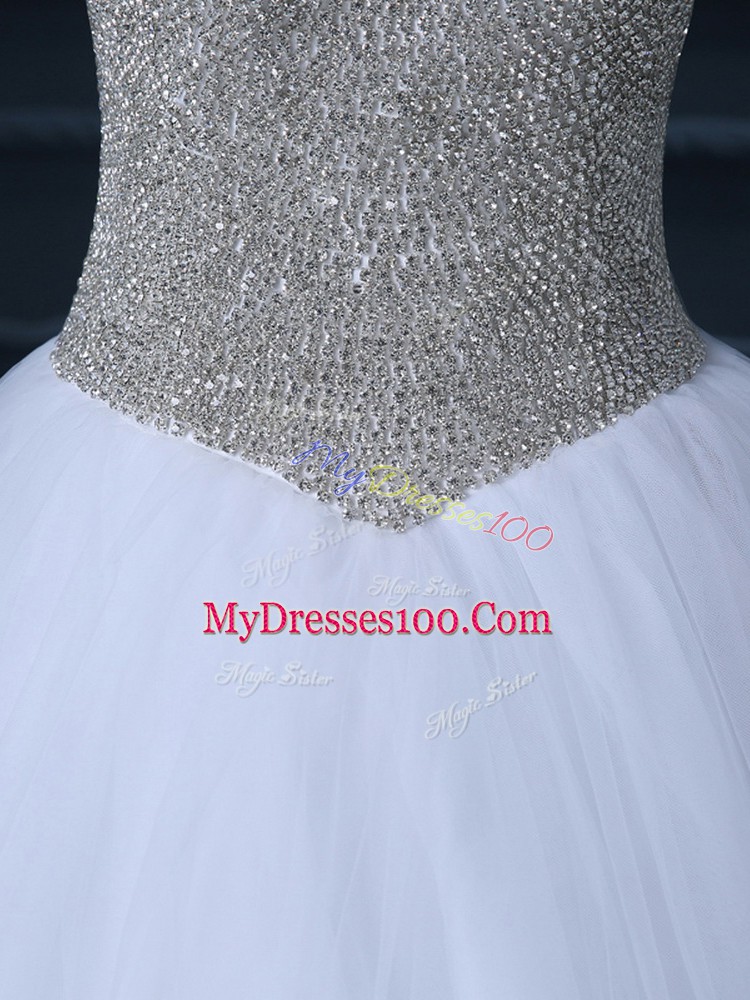 Custom Design White Sleeveless Floor Length Beading and Bowknot Zipper Wedding Dress