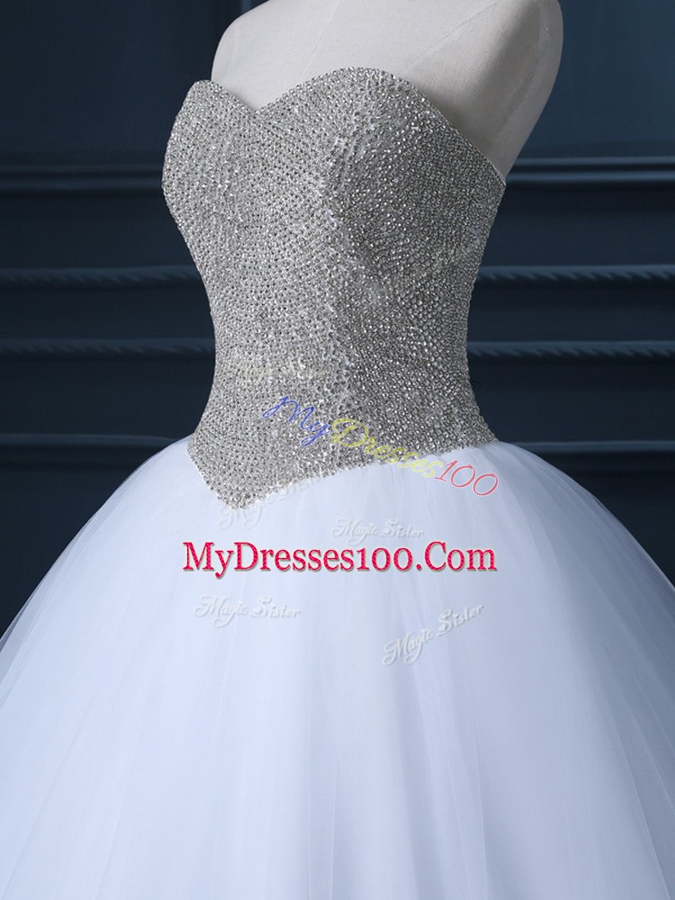 Custom Design White Sleeveless Floor Length Beading and Bowknot Zipper Wedding Dress