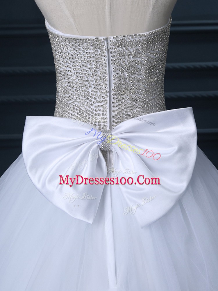 Custom Design White Sleeveless Floor Length Beading and Bowknot Zipper Wedding Dress