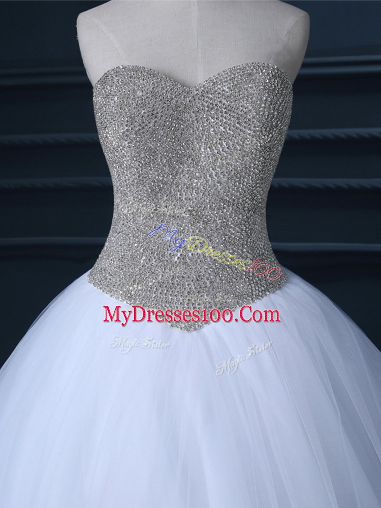 Custom Design White Sleeveless Floor Length Beading and Bowknot Zipper Wedding Dress