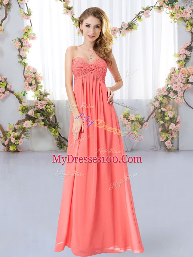Watermelon Red Empire Chiffon Sweetheart Sleeveless Ruching Floor Length Zipper Wedding Guest Dresses