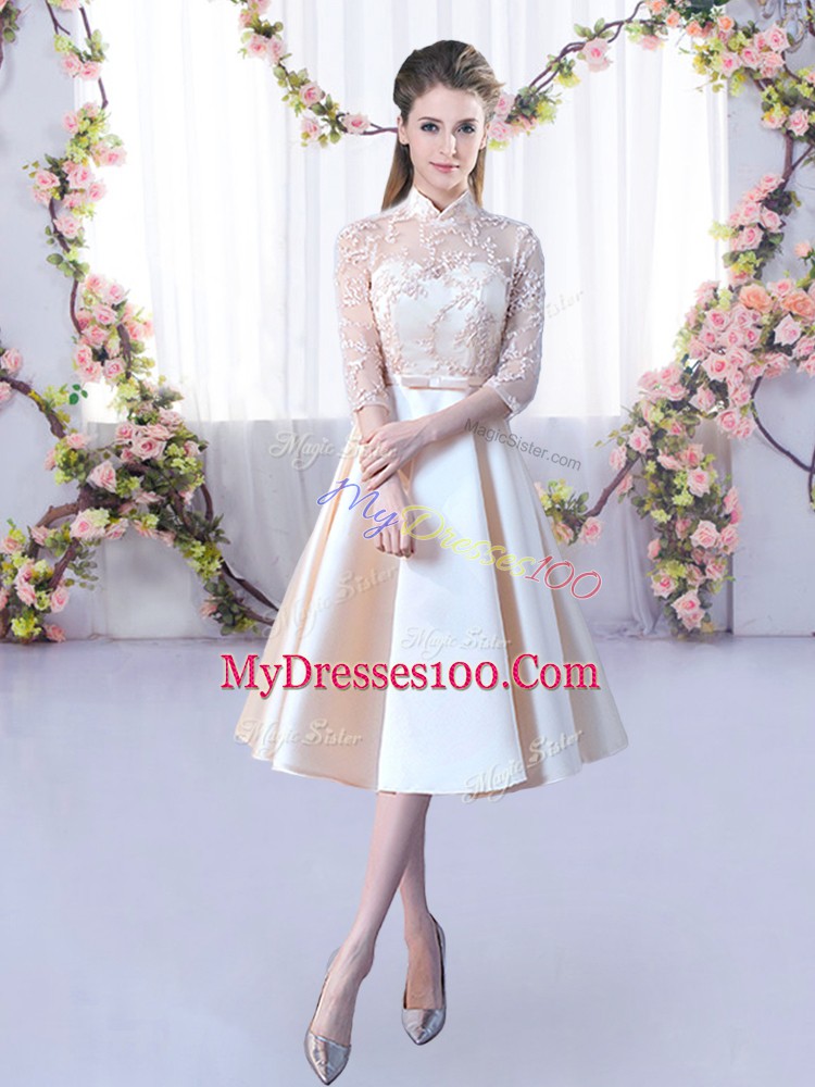 Superior Half Sleeves Tea Length Lace and Belt Lace Up Dama Dress with Champagne