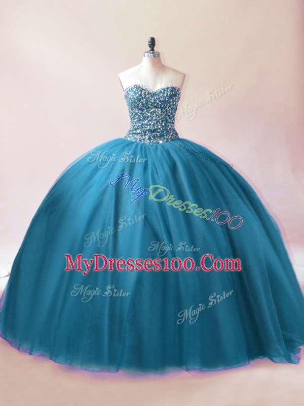 Teal Ball Gowns Tulle Sweetheart Sleeveless Beading Floor Length Lace Up 15th Birthday Dress