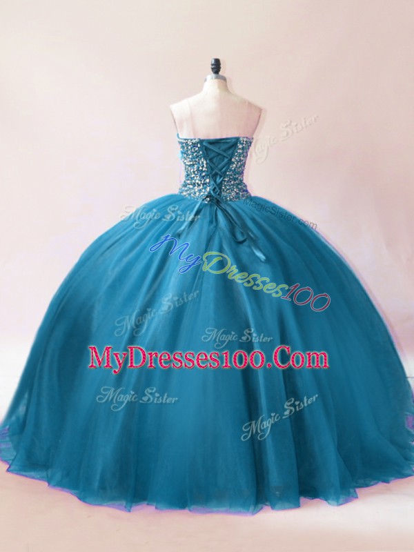 Teal Ball Gowns Tulle Sweetheart Sleeveless Beading Floor Length Lace Up 15th Birthday Dress