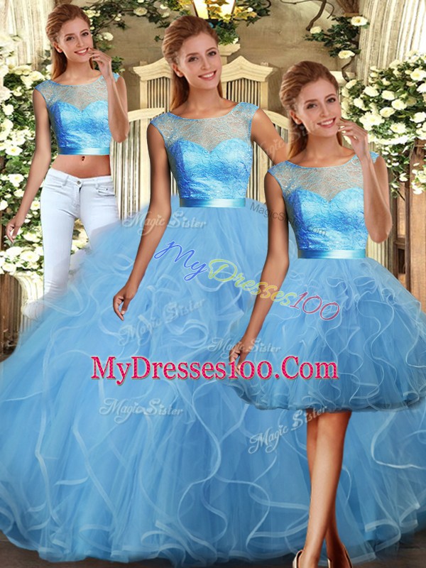 High End Baby Blue Three Pieces Lace and Ruffles Quinceanera Gowns Backless Tulle Sleeveless Floor Length
