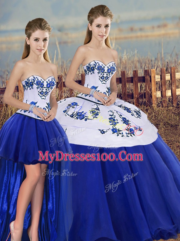 Royal Blue Sleeveless Embroidery and Bowknot Floor Length Quinceanera Gowns