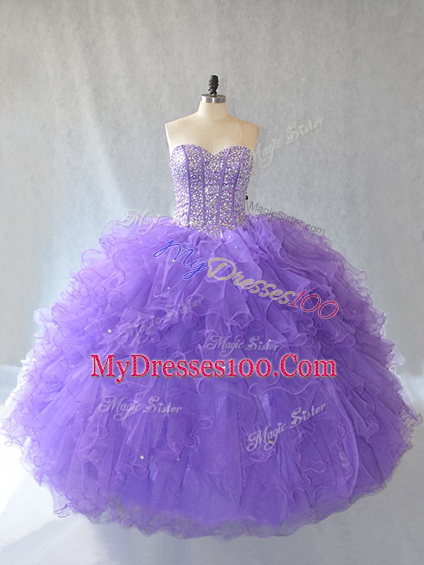 Lavender Ball Gowns Beading and Ruffles and Sequins Sweet 16 Quinceanera Dress Lace Up Tulle Sleeveless Floor Length