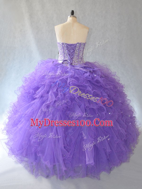 Lavender Ball Gowns Beading and Ruffles and Sequins Sweet 16 Quinceanera Dress Lace Up Tulle Sleeveless Floor Length