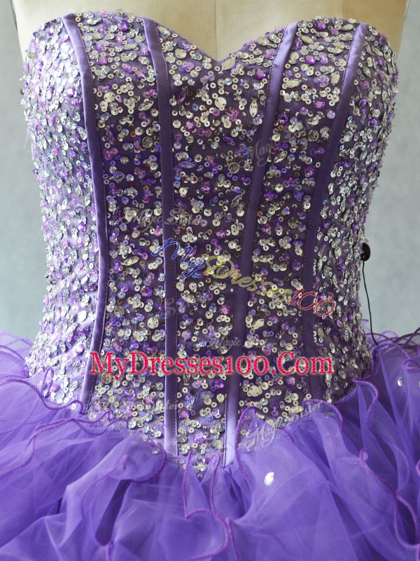Lavender Ball Gowns Beading and Ruffles and Sequins Sweet 16 Quinceanera Dress Lace Up Tulle Sleeveless Floor Length