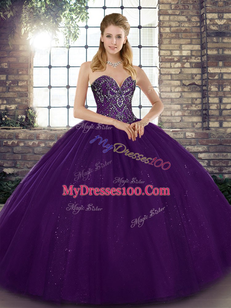 Artistic Purple Ball Gowns Sweetheart Sleeveless Tulle Floor Length Lace Up Beading Quinceanera Gown