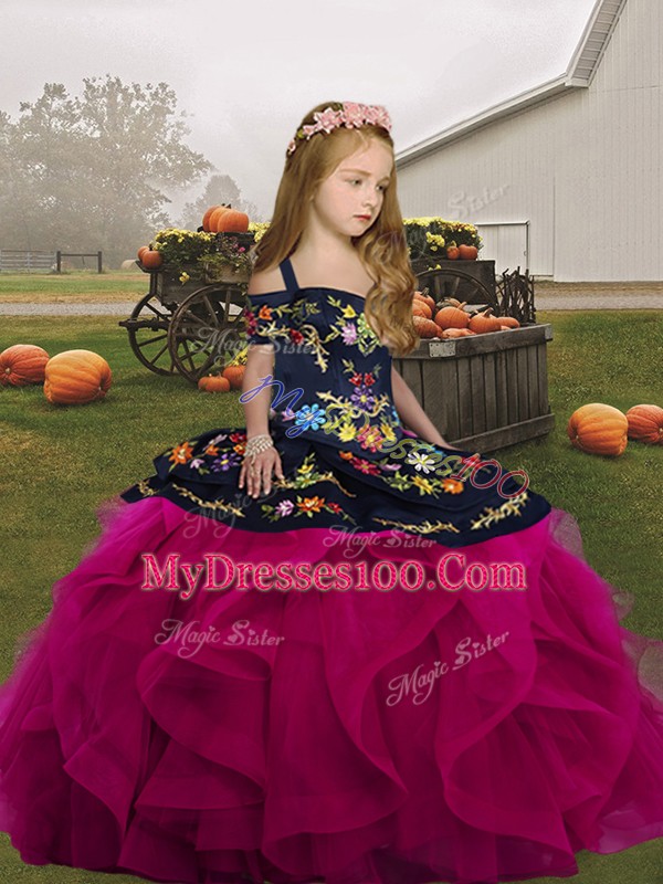 Pretty Straps Sleeveless Child Pageant Dress Floor Length Embroidery and Ruffles Fuchsia Tulle