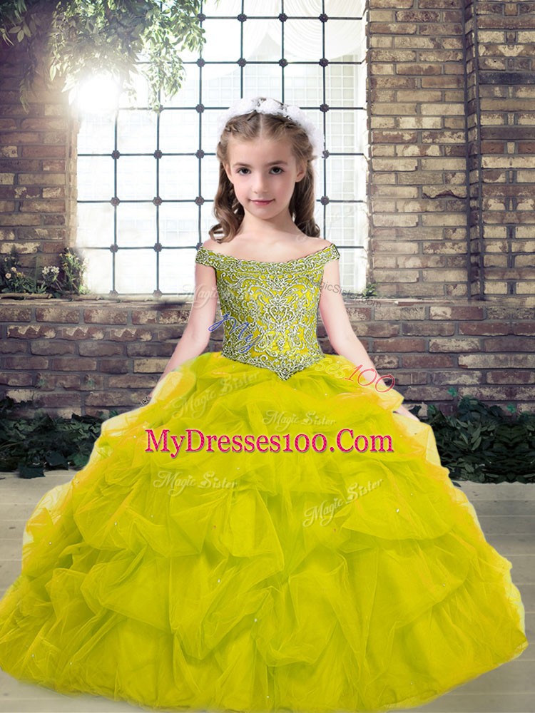Floor Length Green Little Girls Pageant Gowns Tulle Sleeveless Beading