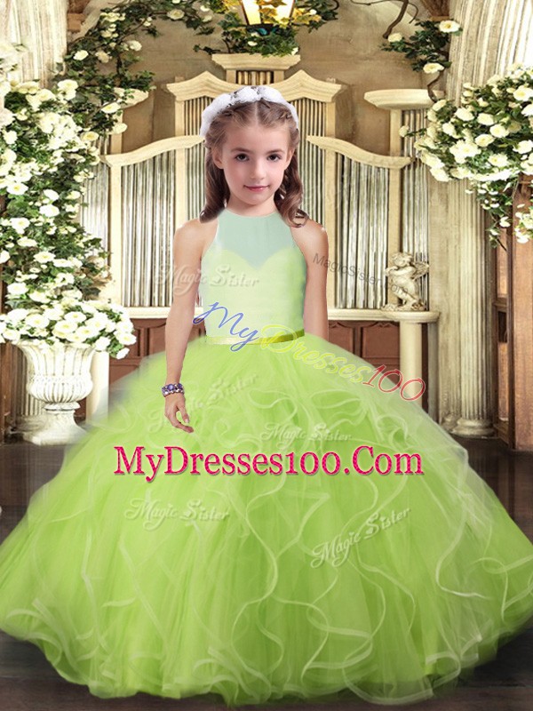 Ruffles Kids Pageant Dress Yellow Green Backless Sleeveless Floor Length