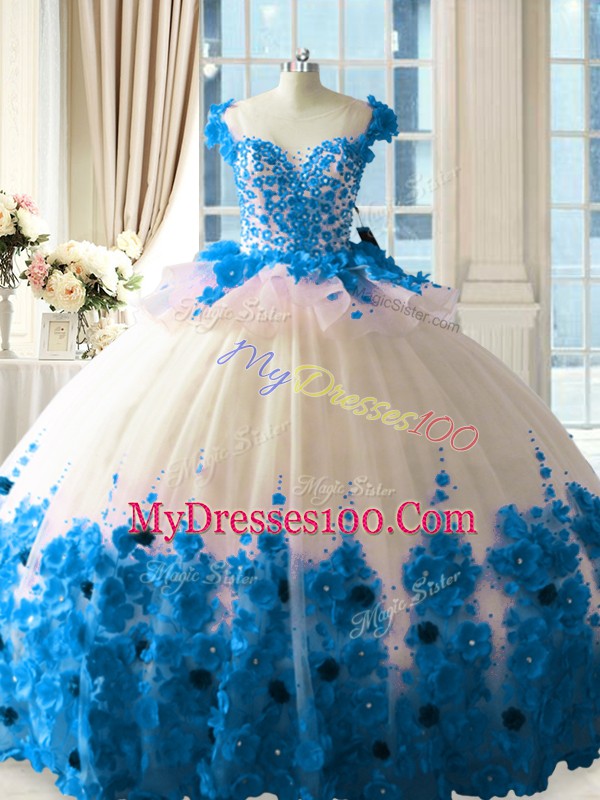 Superior Blue And White Scoop Neckline Hand Made Flower Sweet 16 Dresses Sleeveless Zipper