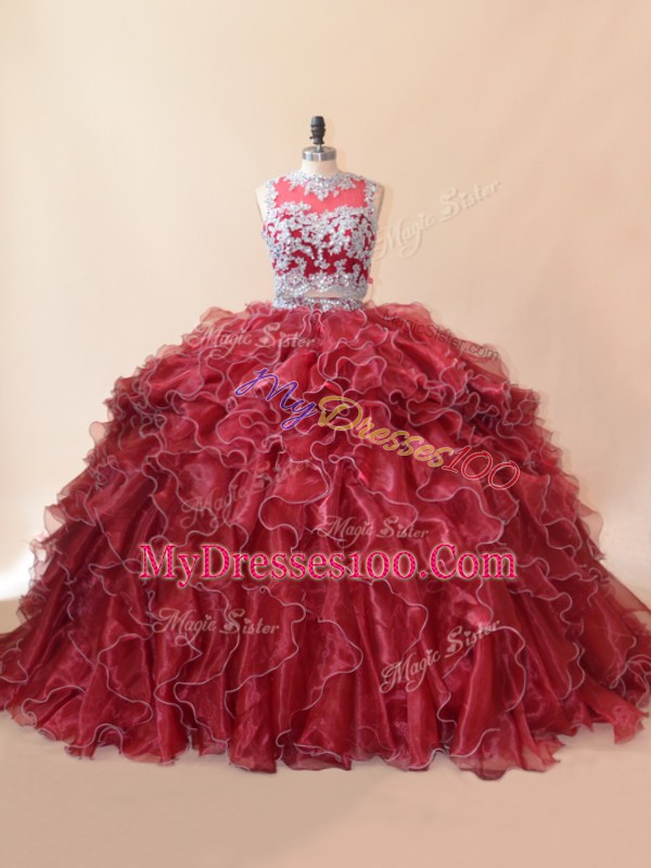 Classical Red Two Pieces Beading and Lace and Appliques 15 Quinceanera Dress Zipper Organza Sleeveless