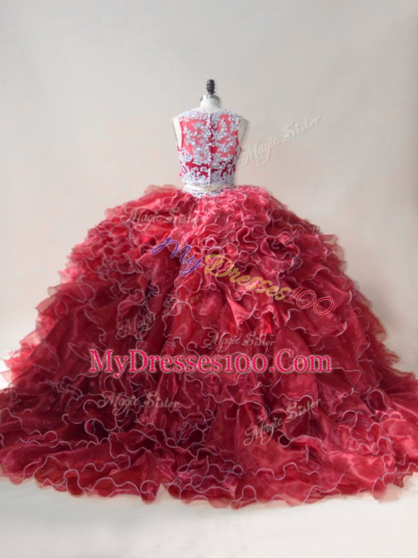 Classical Red Two Pieces Beading and Lace and Appliques 15 Quinceanera Dress Zipper Organza Sleeveless