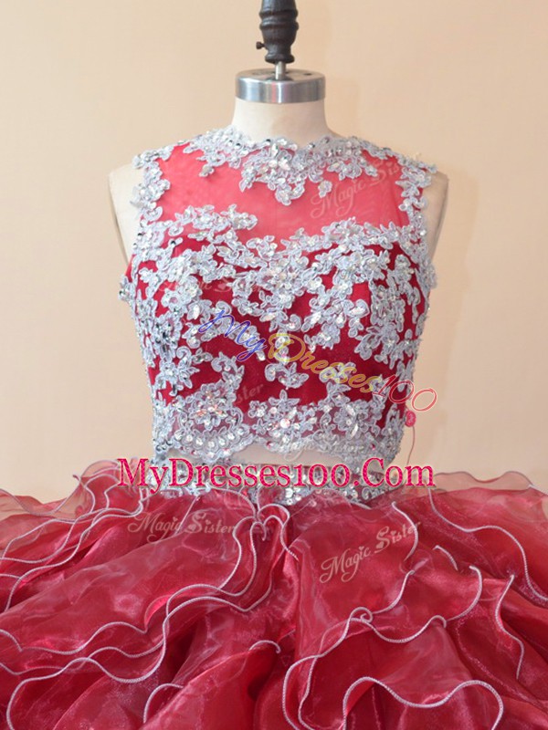 Classical Red Two Pieces Beading and Lace and Appliques 15 Quinceanera Dress Zipper Organza Sleeveless