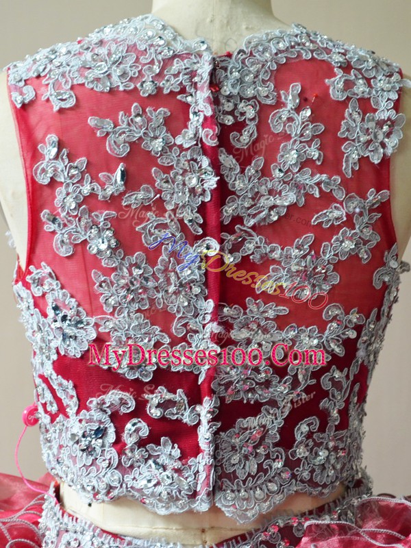 Classical Red Two Pieces Beading and Lace and Appliques 15 Quinceanera Dress Zipper Organza Sleeveless
