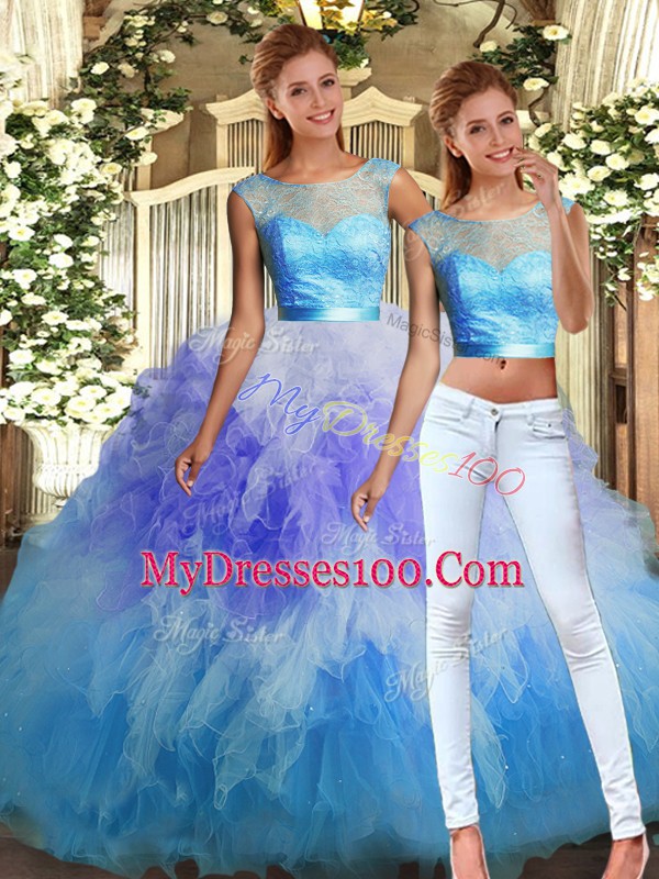 Scoop Sleeveless Sweet 16 Dresses Floor Length Lace and Ruffles Multi-color Tulle