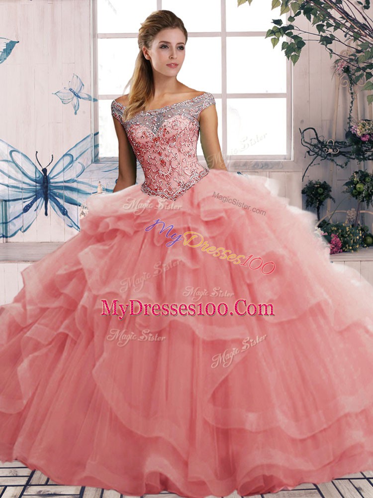 Watermelon Red Tulle Lace Up Sweet 16 Quinceanera Dress Sleeveless Floor Length Beading and Ruffles