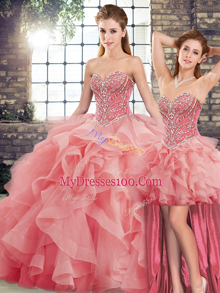 Tulle Sleeveless Vestidos de Quinceanera Brush Train and Beading and Ruffles